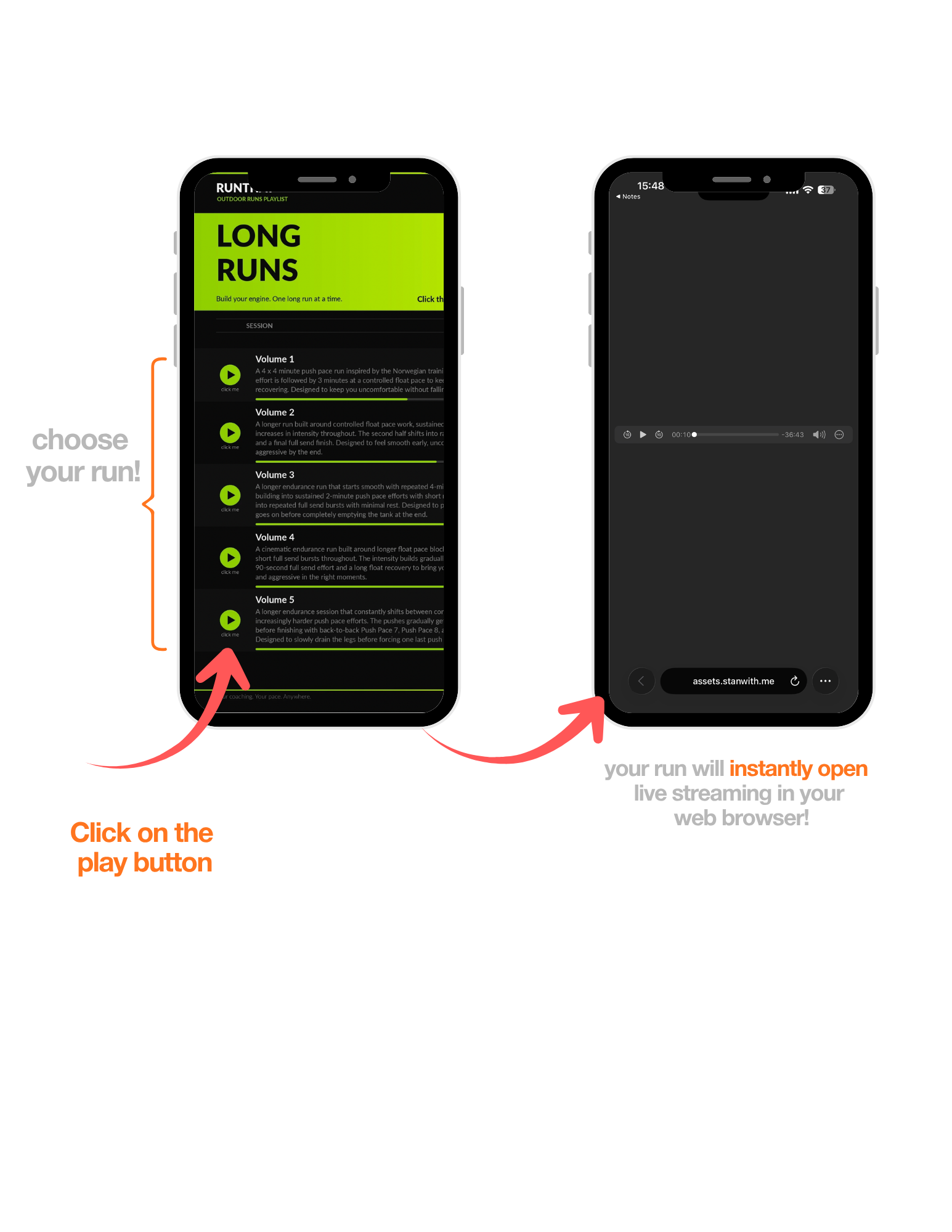 Outdoor runs on iPhone — choose your run, press play, your run streams live in your browser